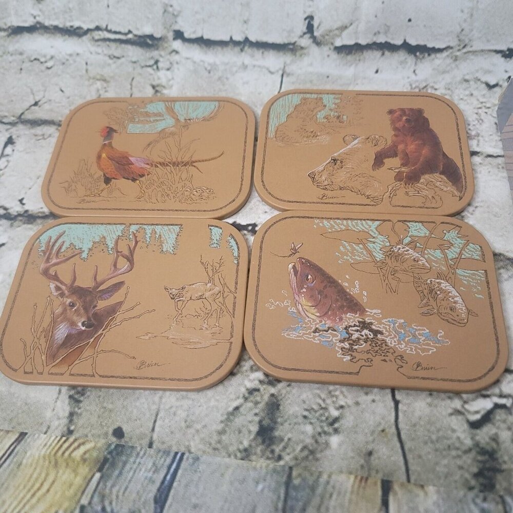 Vtg AVON Set of 4 Bar Outdoorsman Wildlife Tom O'Brien COASTERS w Felt Back NIB